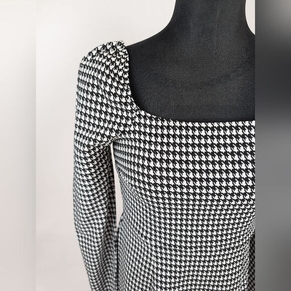 Mi Ami Houndstooth Black and White Long Sleeve Dress Puff Sleeve Mini Zip Large - Picture 2 of 9